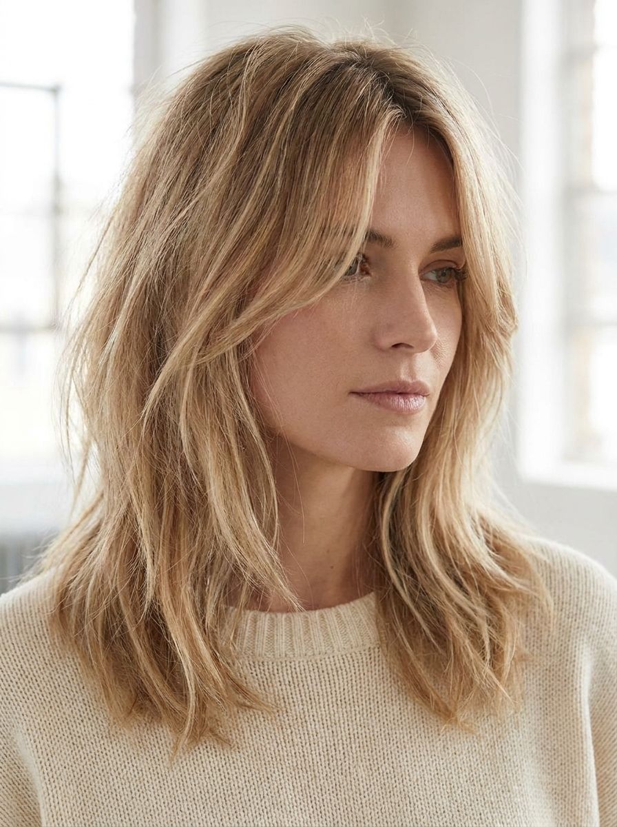 Mittellange blonde Haare mit soften Curtain Layers - Stufenschnitt mittellang blond